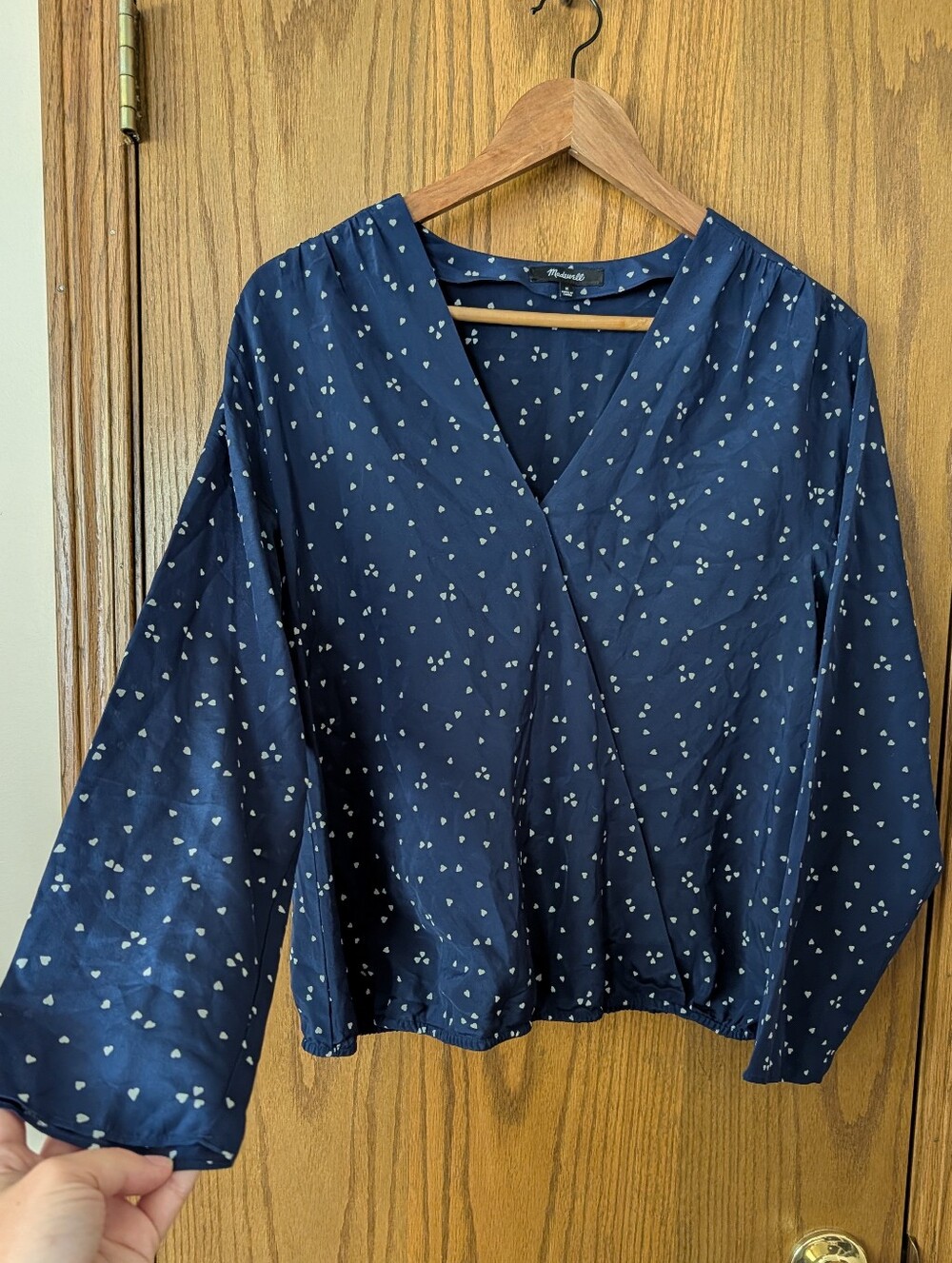 Madewell 100% Silk Navy Blue Heart Print Faux Wrap Top Medium